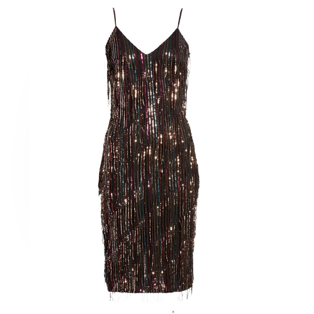 DRESS THE POPULATION Yvonne Rainbow Sequin Fringe Midi Dress Sz Medium - Picture 3 of 12